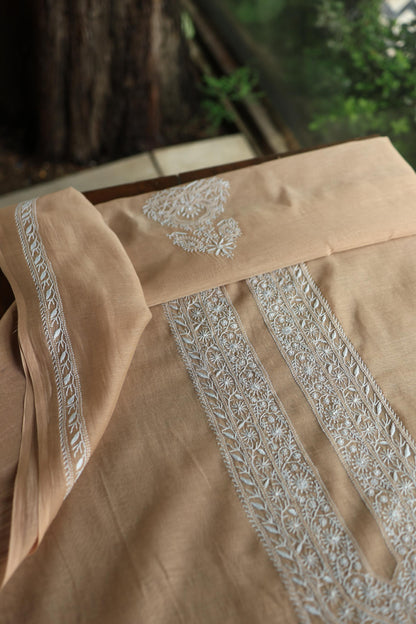 Beige Mulmul Chikankari Unstitched Men's Kurtas Fabric