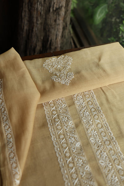 Beige Mulmul Chikankari Unstitched Men's Kurtas Fabric