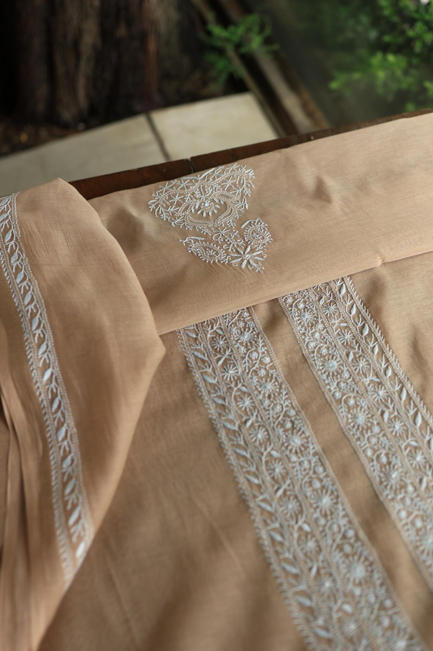 Beige Mulmul Chikankari Unstitched Men's Kurtas Fabric