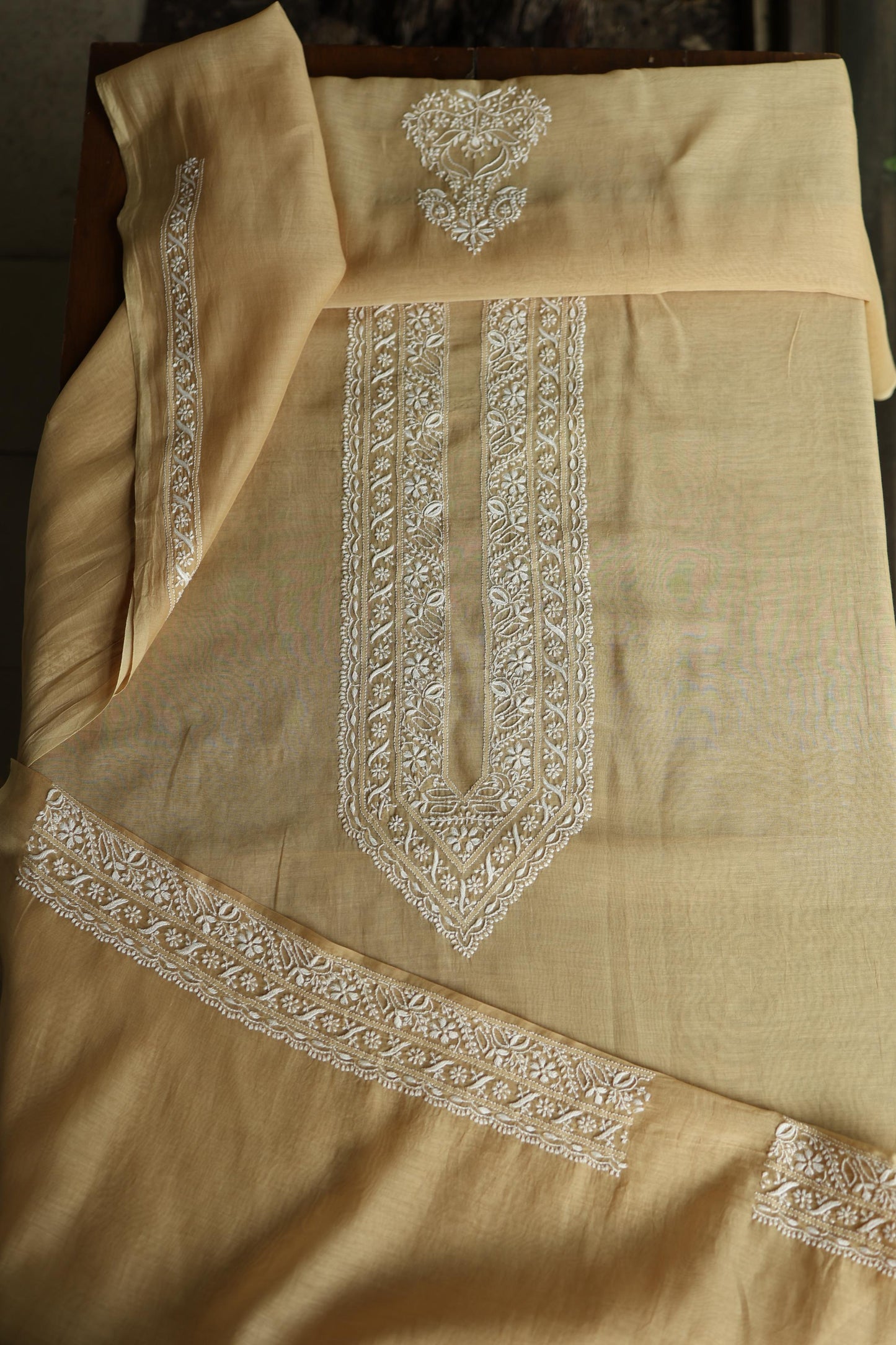 Beige Mulmul Chikankari Unstitched Men's Kurtas Fabric