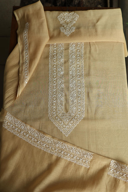Beige Mulmul Chikankari Unstitched Men's Kurtas Fabric