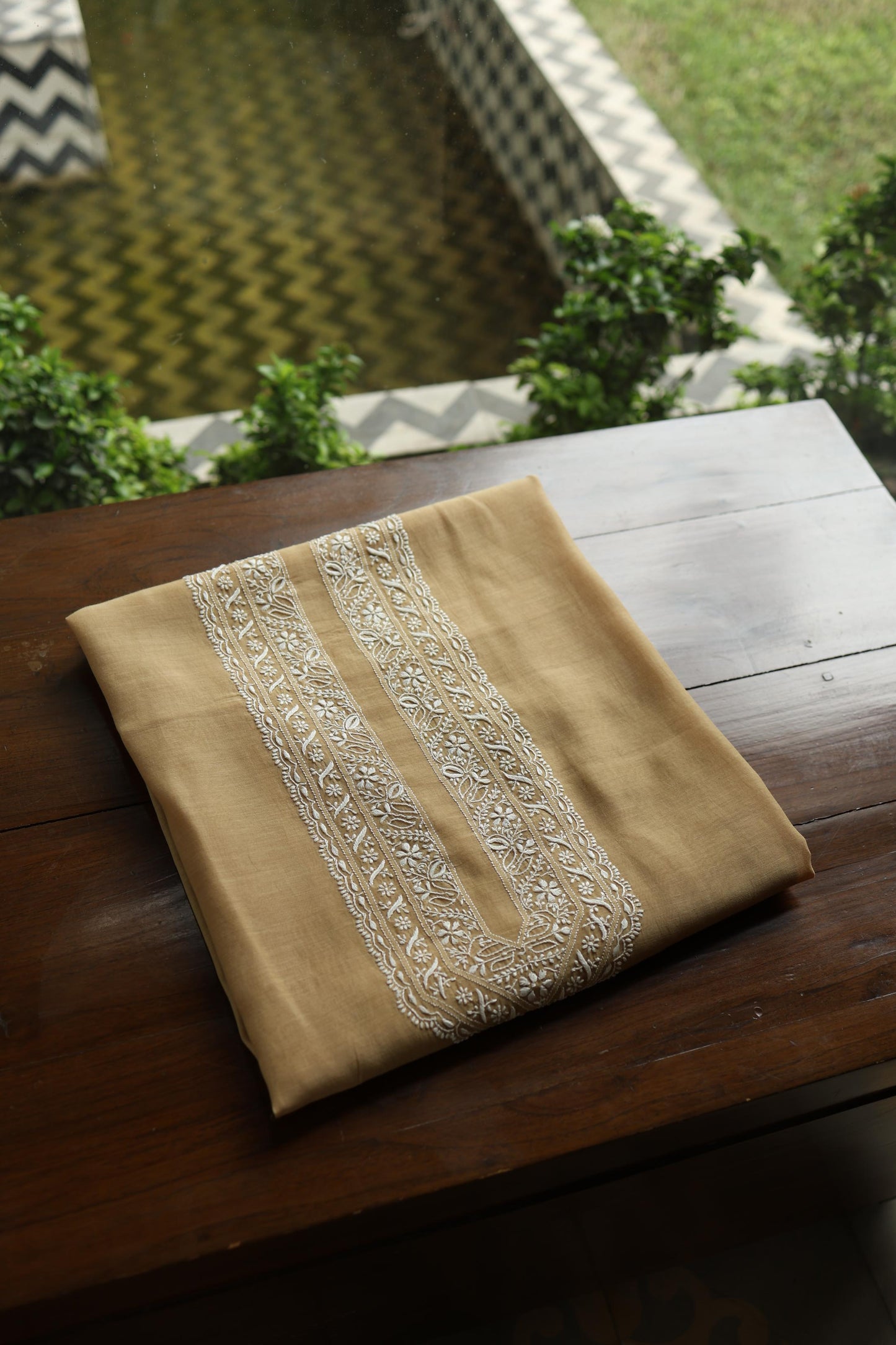 Beige Mulmul Chikankari Unstitched Men's Kurtas Fabric