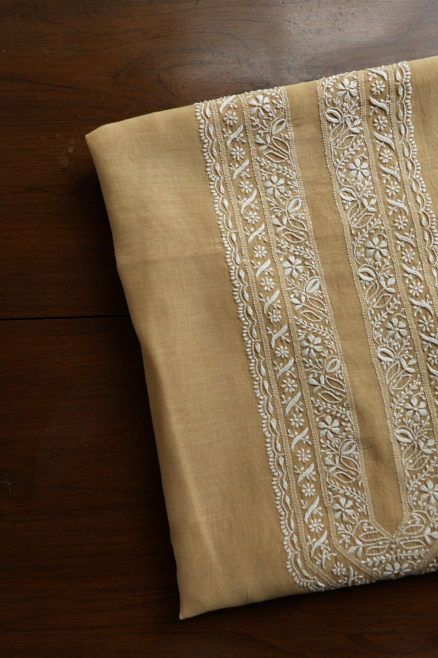 Beige Mulmul Chikankari Unstitched Men's Kurtas Fabric