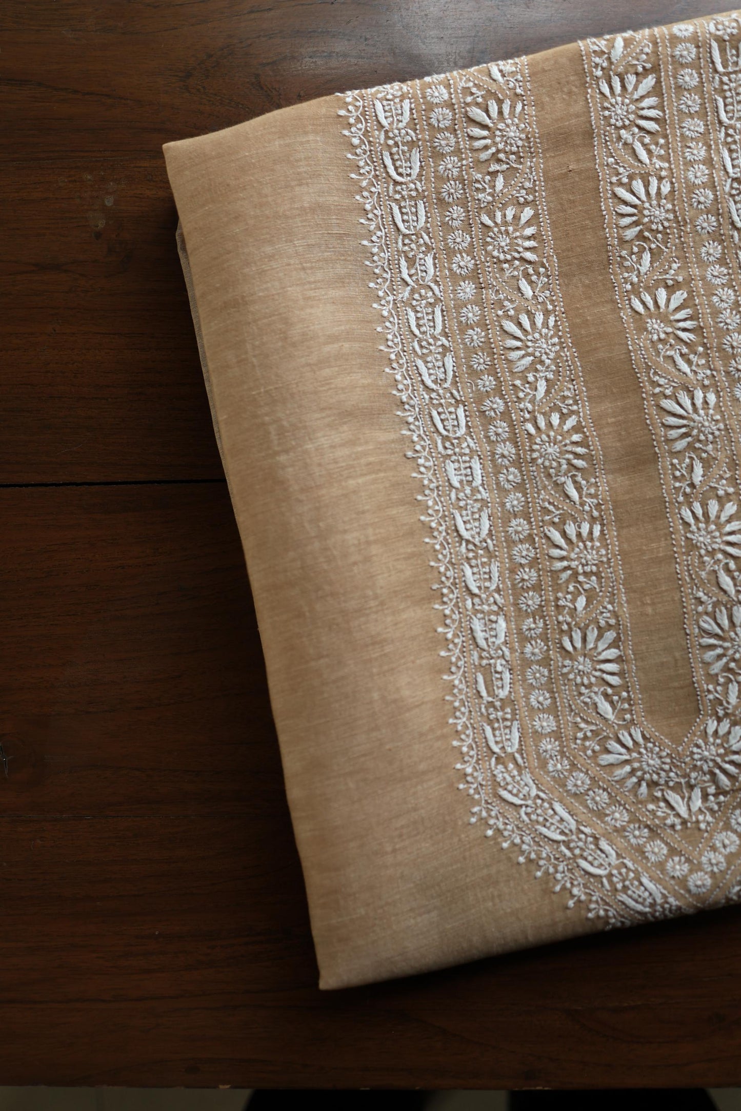 Beige Mulmul Chikankari Unstitched Men's Kurtas Fabric