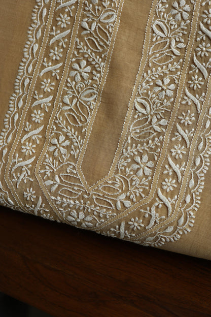 Beige Mulmul Chikankari Unstitched Men's Kurtas Fabric