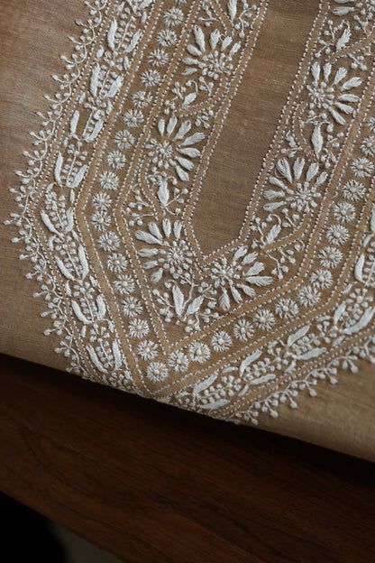 Beige Mulmul Chikankari Unstitched Men's Kurtas Fabric