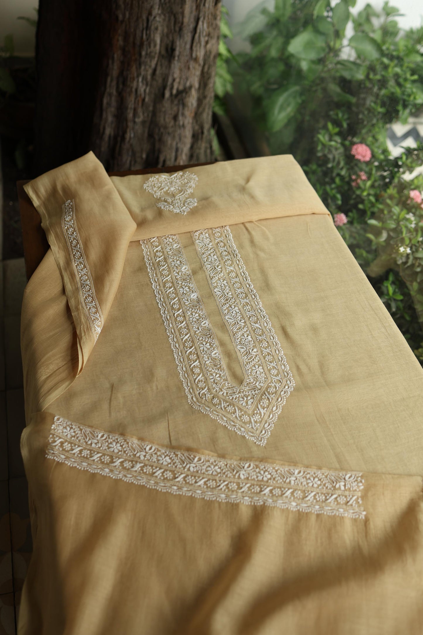 Beige Mulmul Chikankari Unstitched Men's Kurtas Fabric