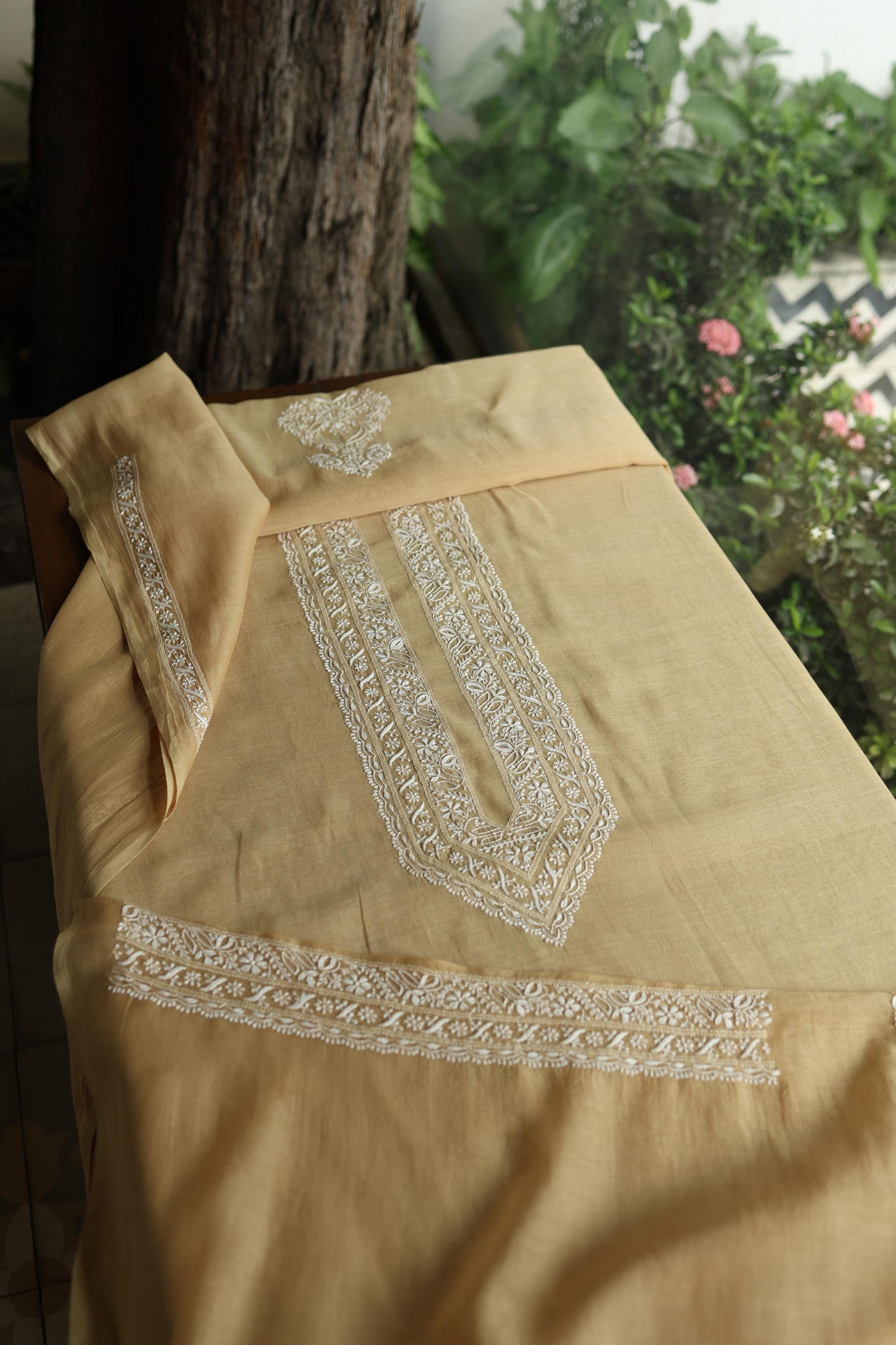 Beige Mulmul Chikankari Unstitched Men's Kurtas Fabric