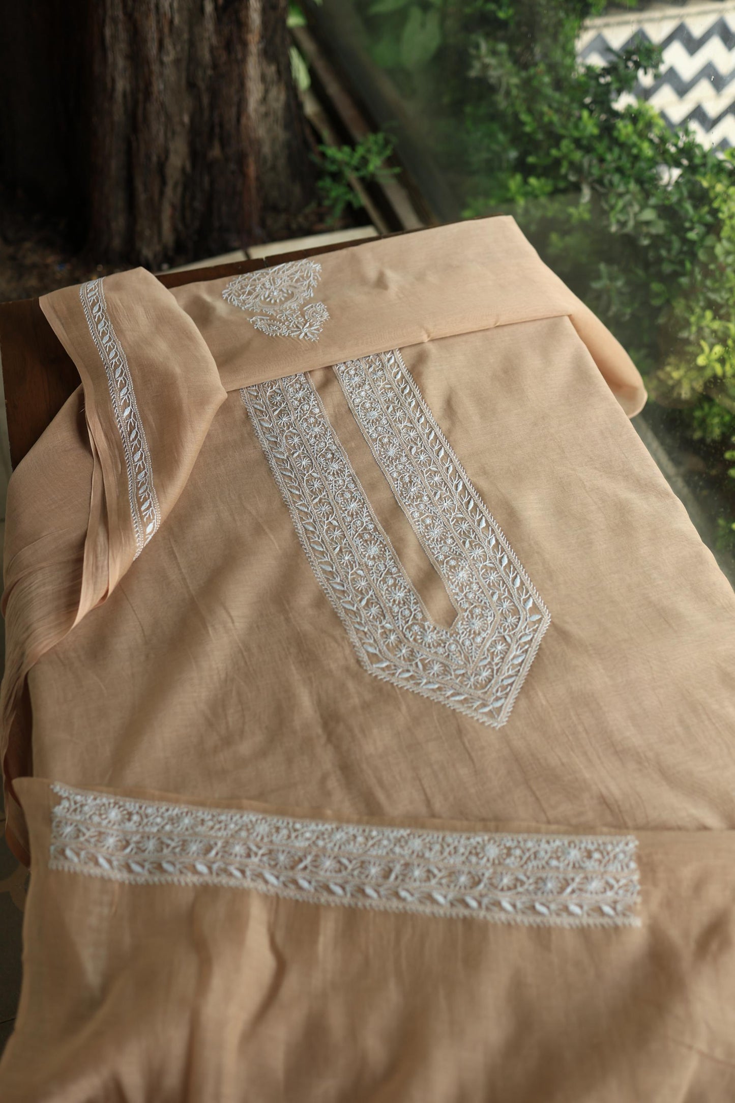 Beige Mulmul Chikankari Unstitched Men's Kurtas Fabric