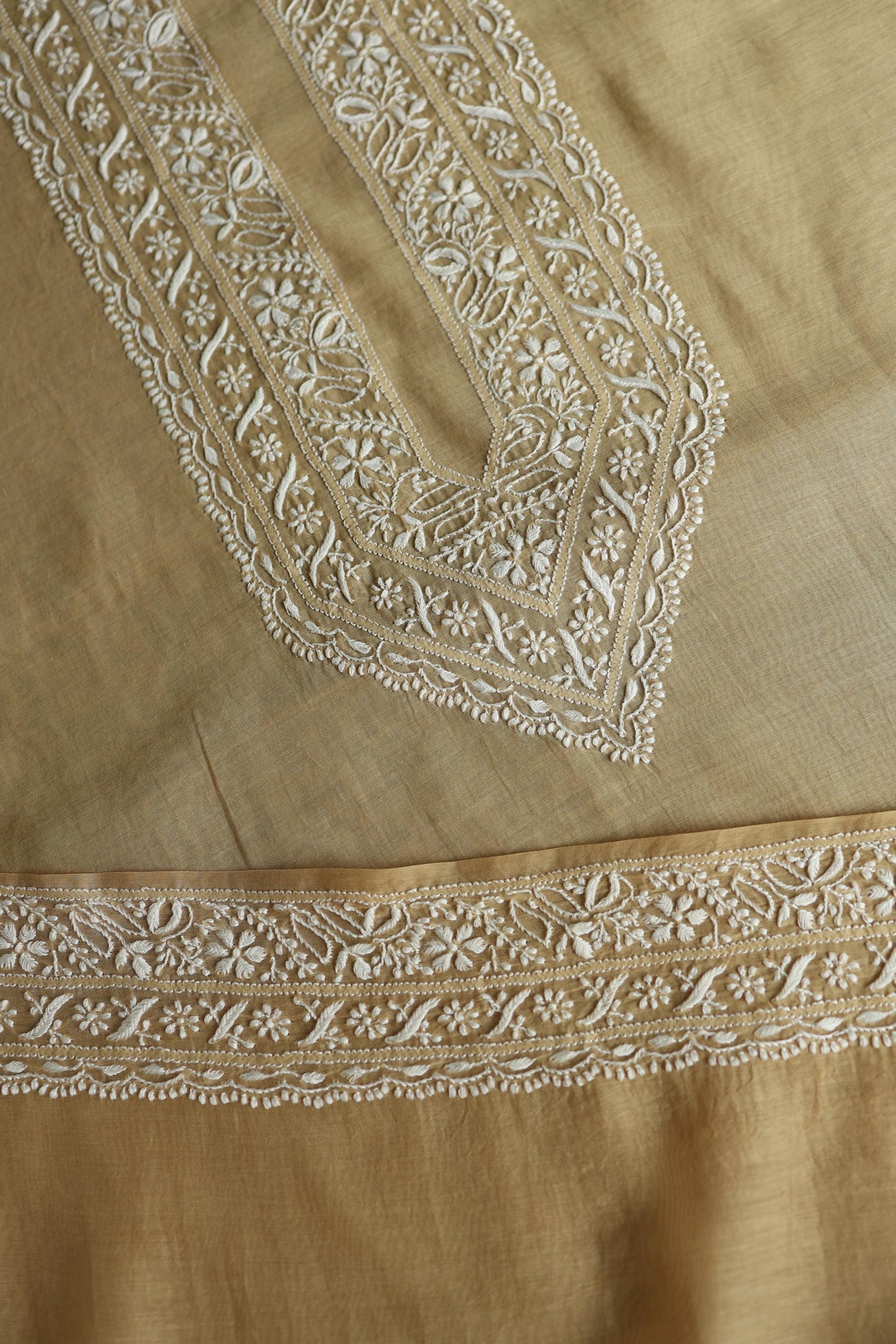 Beige Mulmul Chikankari Unstitched Men's Kurtas Fabric