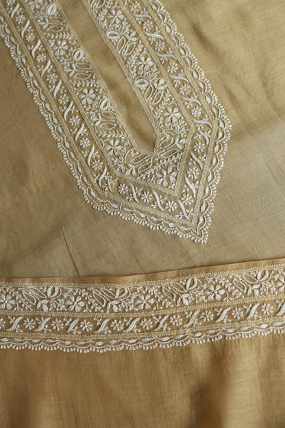 Beige Mulmul Chikankari Unstitched Men's Kurtas Fabric
