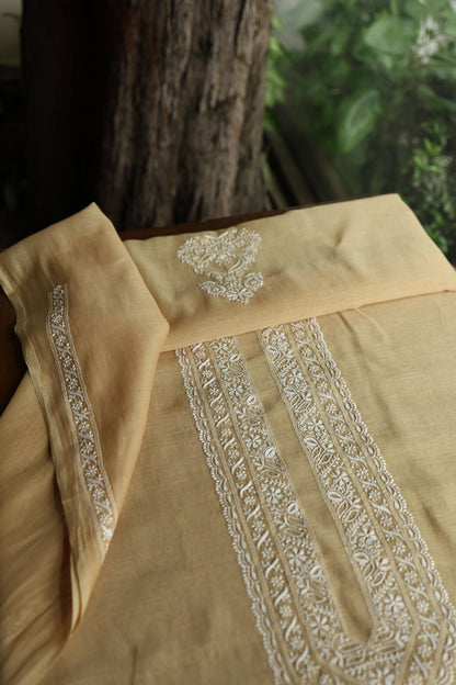 Beige Mulmul Chikankari Unstitched Men's Kurtas Fabric