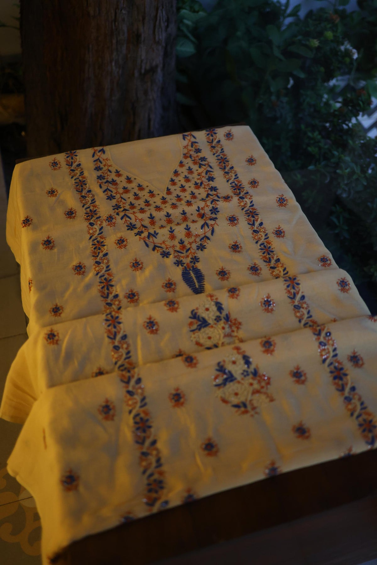 Beige Multi Mul Chanderi Silk Kalamkari Unstitched Kurta Dupatta Set
