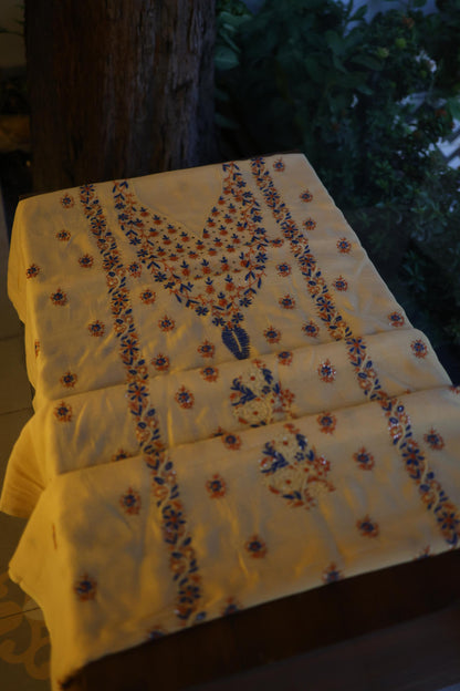 Beige Multi Mul Chanderi Silk Kalamkari Unstitched Kurta Dupatta Set