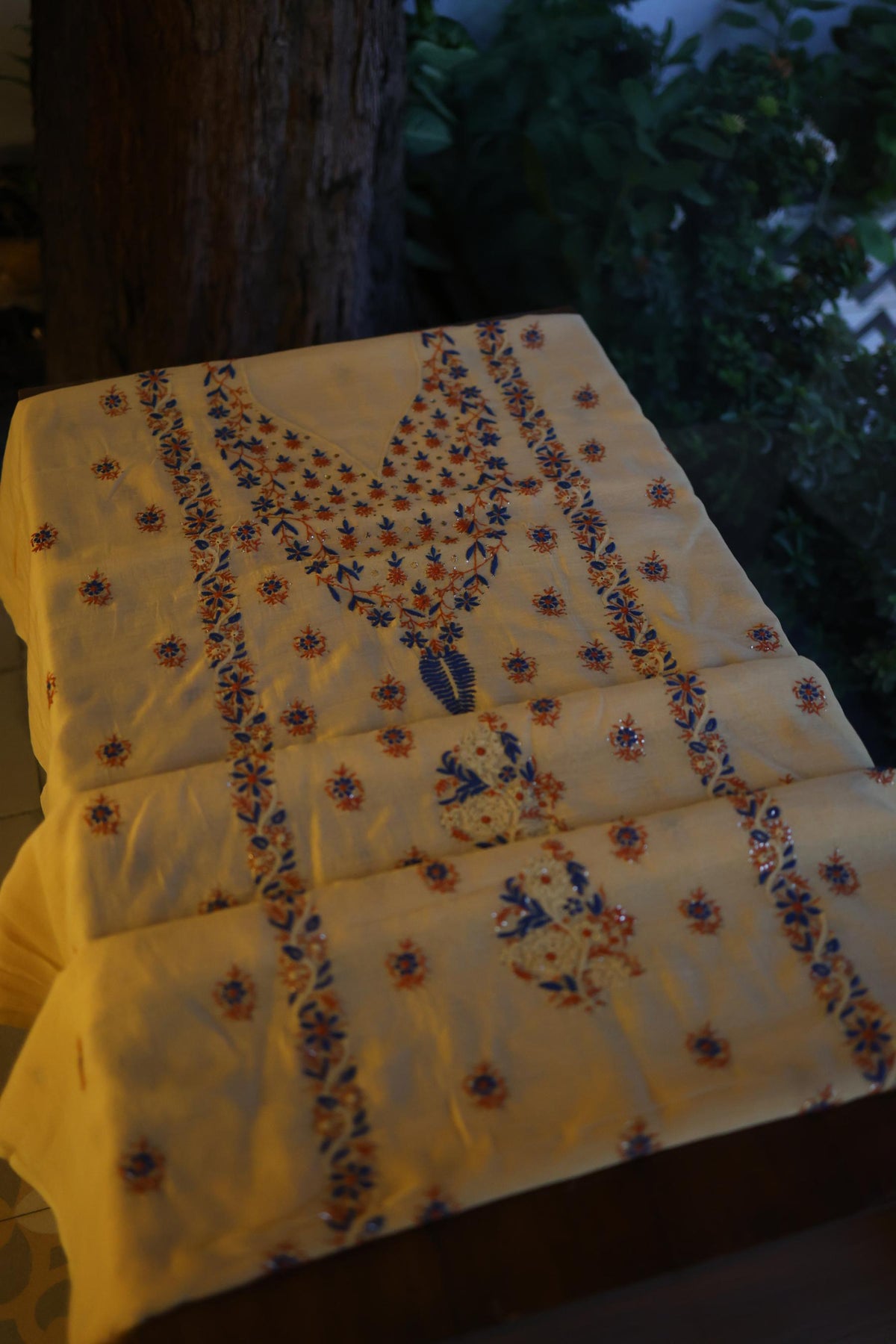 Beige Multi Mul Chanderi Silk Kalamkari Unstitched Kurta Dupatta Set