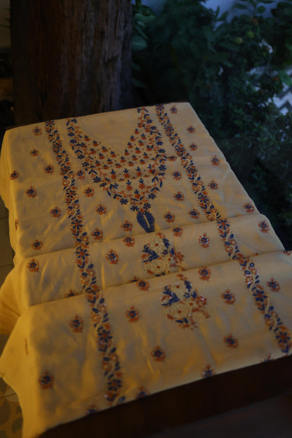 Beige Multi Mul Chanderi Silk Kalamkari Unstitched Kurta Dupatta Set