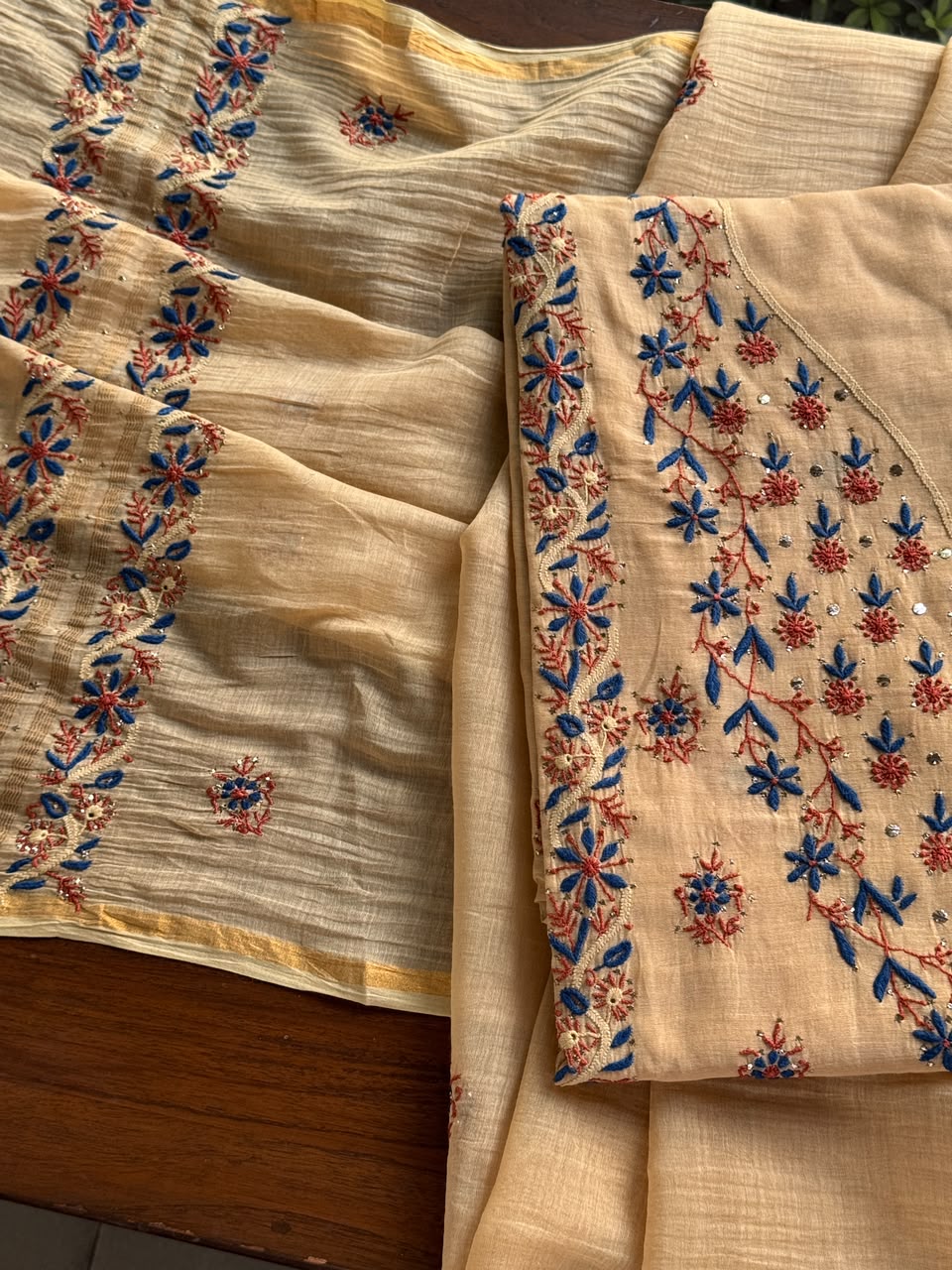 Beige Multi Mul Chanderi Silk Kalamkari Unstitched Kurta Dupatta Set