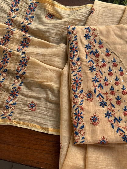Beige Multi Mul Chanderi Silk Kalamkari Unstitched Kurta Dupatta Set
