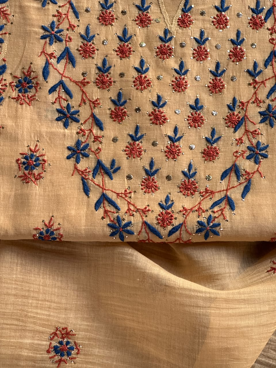 Beige Multi Mul Chanderi Silk Kalamkari Unstitched Kurta Dupatta Set