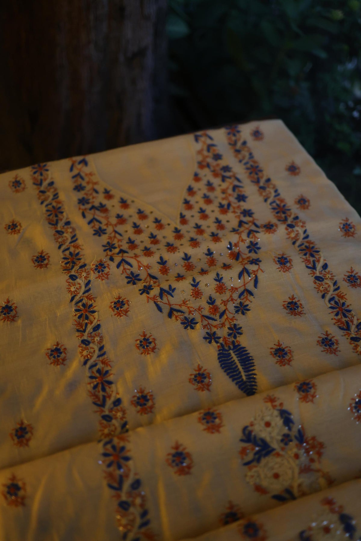 Beige Multi Mul Chanderi Silk Kalamkari Unstitched Kurta Dupatta Set