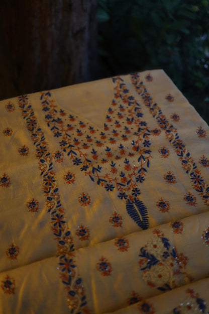 Beige Multi Mul Chanderi Silk Kalamkari Unstitched Kurta Dupatta Set