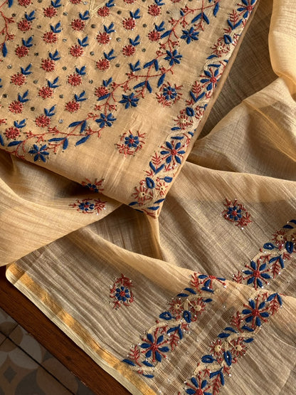 Beige Multi Mul Chanderi Silk Kalamkari Unstitched Kurta Dupatta Set