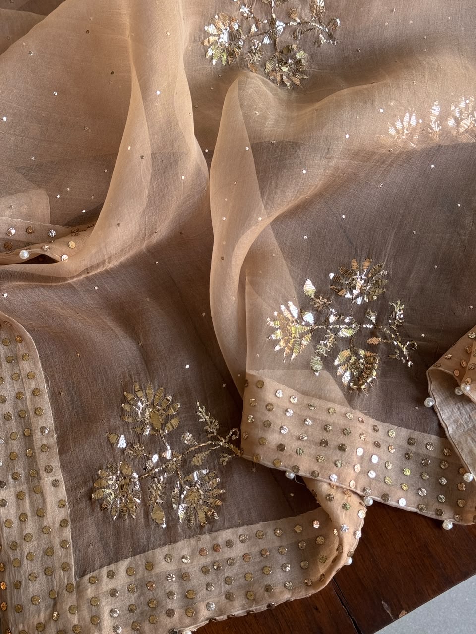 Beige Noor Organza Mukaish Badla Floral Dupatta