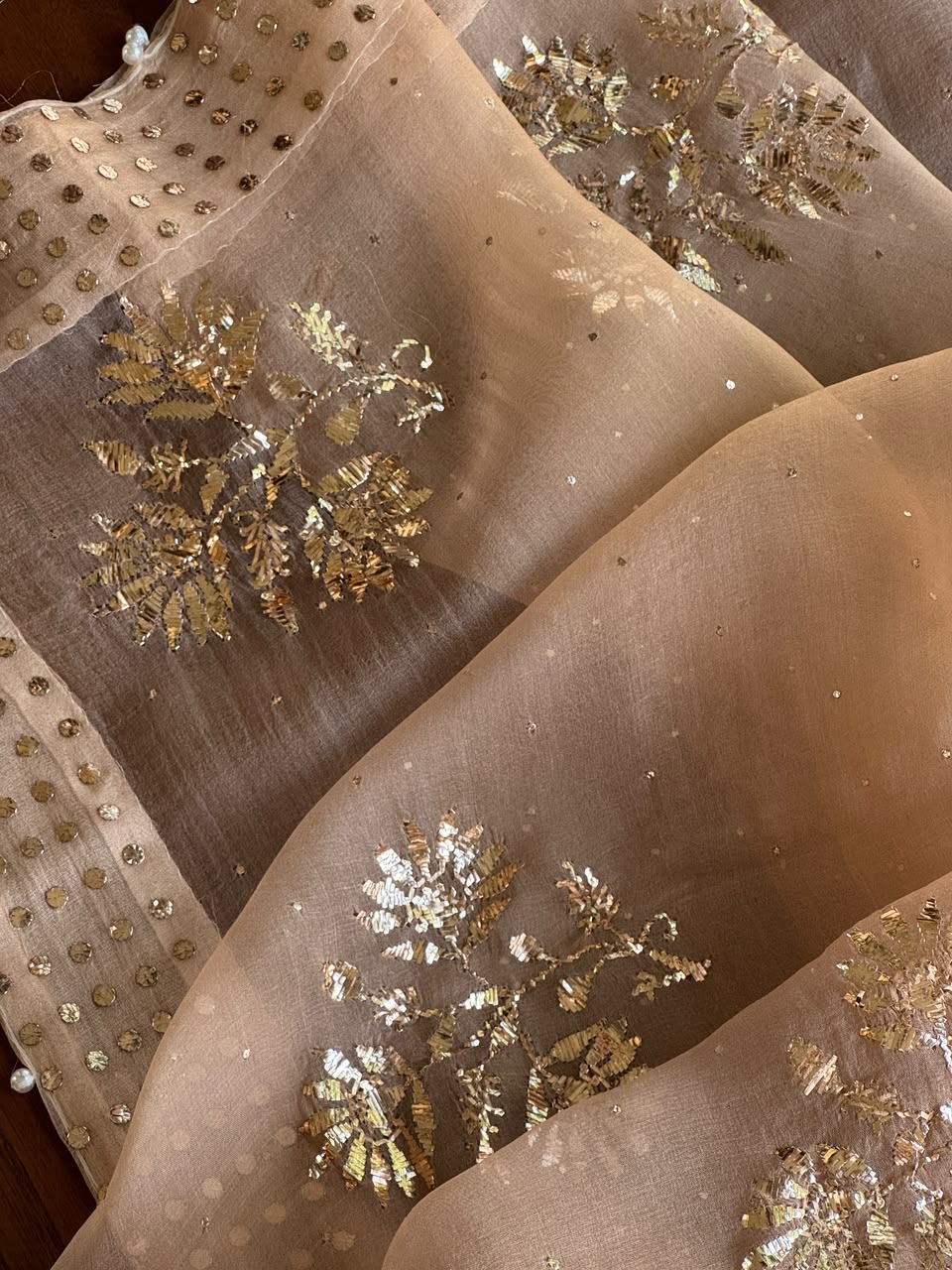Beige Noor Organza Mukaish Badla Floral Dupatta
