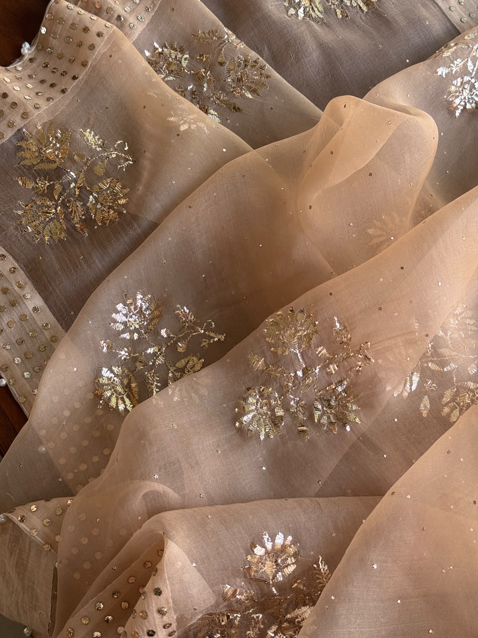 Beige Noor Organza Mukaish Badla Floral Dupatta