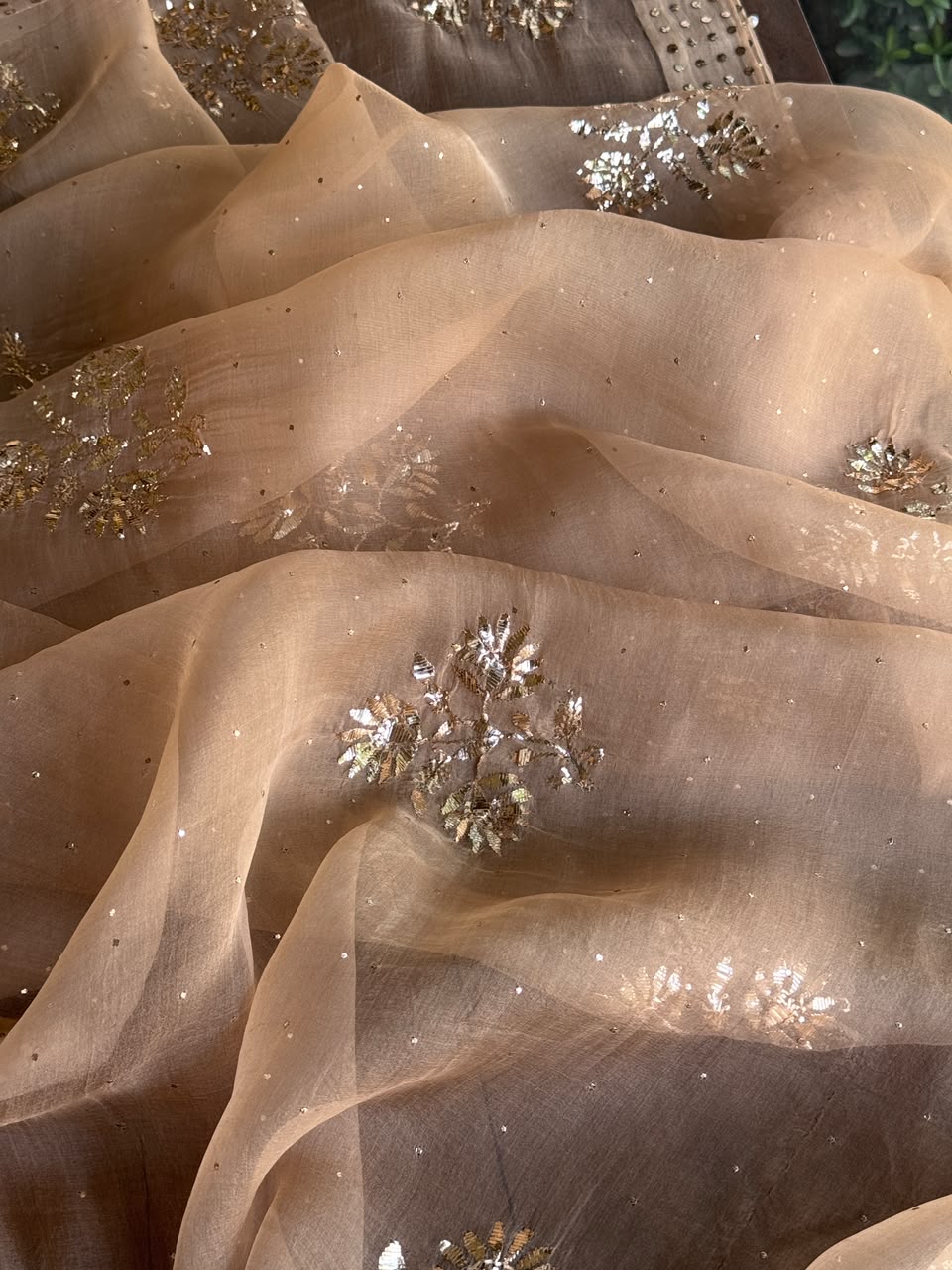 Beige Noor Organza Mukaish Badla Floral Dupatta
