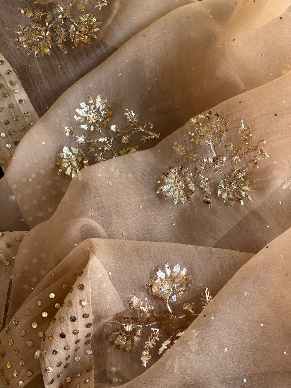 Beige Noor Organza Mukaish Badla Floral Dupatta