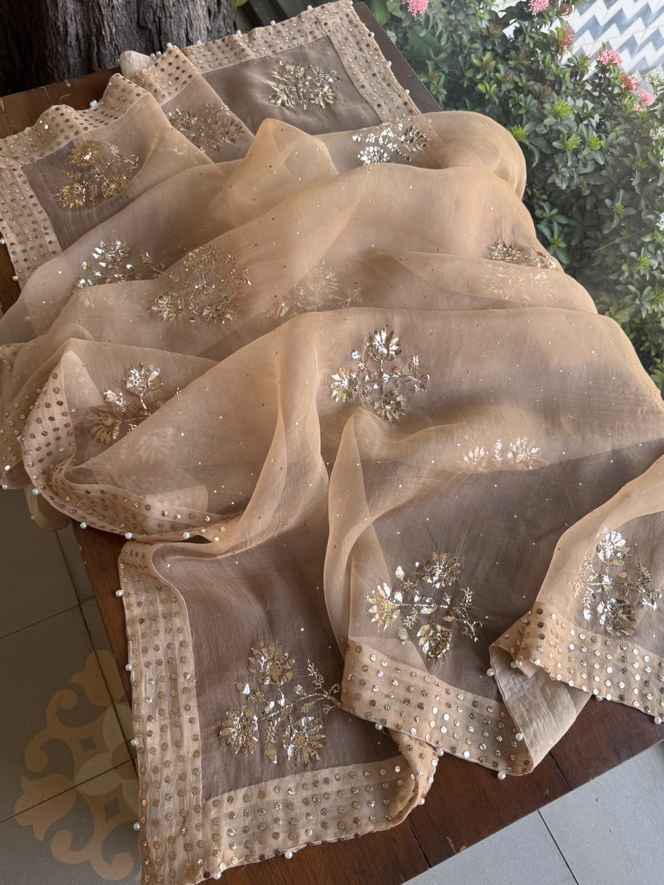 Beige Noor Organza Mukaish Badla Floral Dupatta