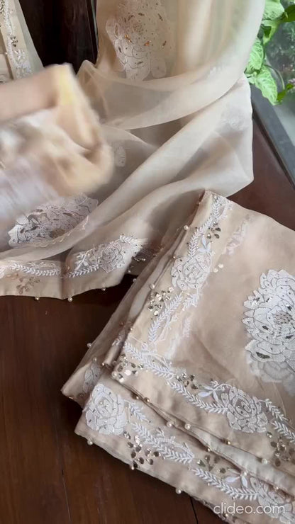 Beige Noor Organza Rose Motif Chikankari Dupatta