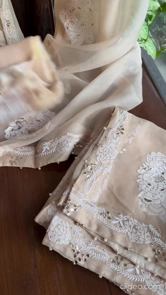 Beige Noor Organza Rose Motif Chikankari Dupatta