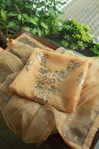 Beige Noor Organza Silk Mukaish Badla Unstitched Kurta Dupatta Set