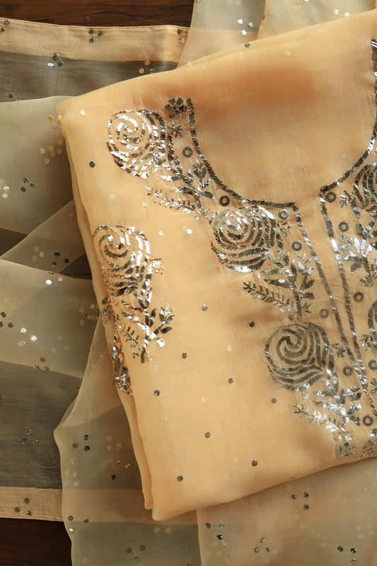 Beige Noor Organza Silk Mukaish Badla Unstitched Kurta Dupatta Set