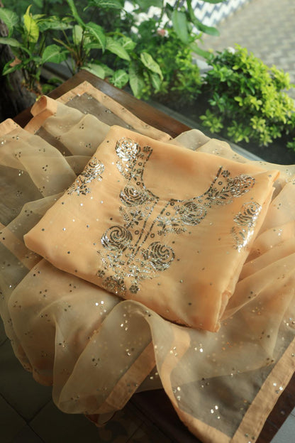 Beige Noor Organza Silk Mukaish Badla Unstitched Kurta Dupatta Set