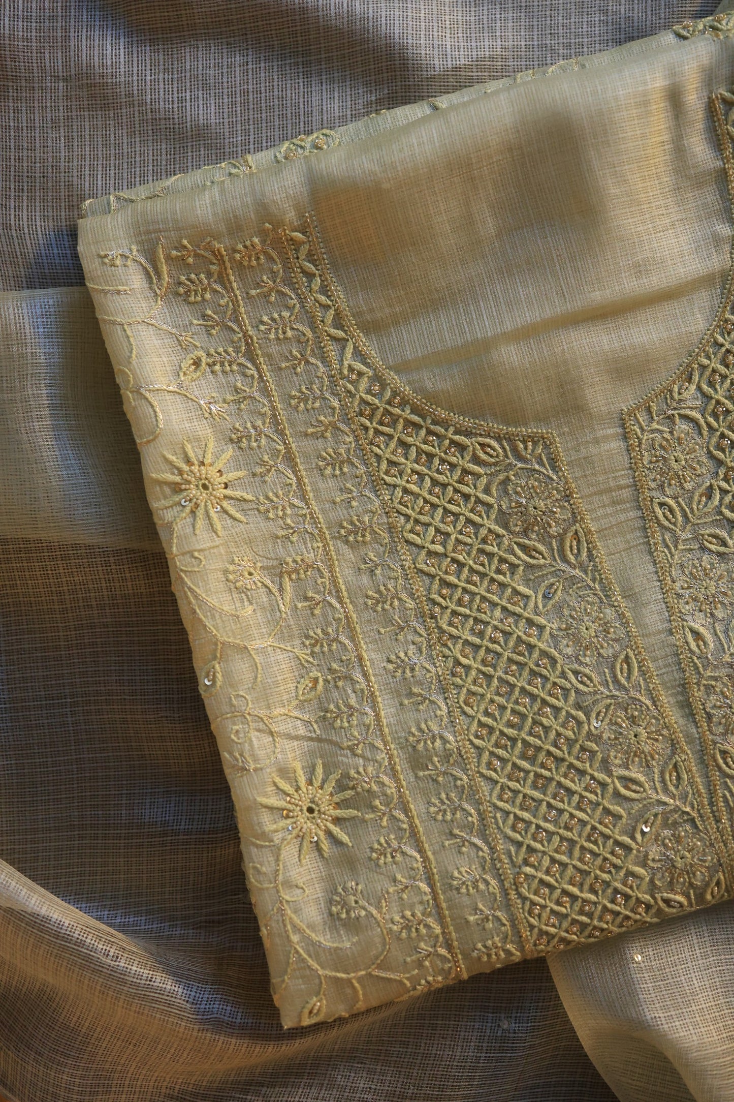 Lemon Rasm Kota Tussar Chikankari Unstitched Chikankari Fabrics