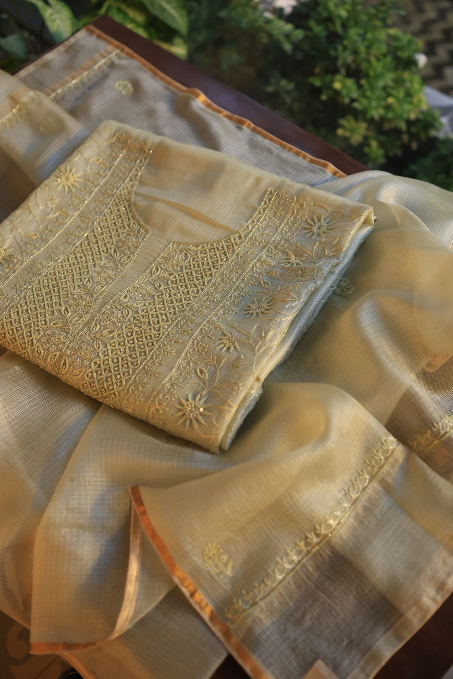 Lemon Rasm Kota Tussar Chikankari Unstitched Chikankari Fabrics