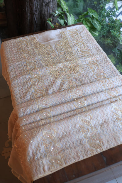 Beige Rasm Kota Tussar Chikankari Unstitched Chikankari Fabrics
