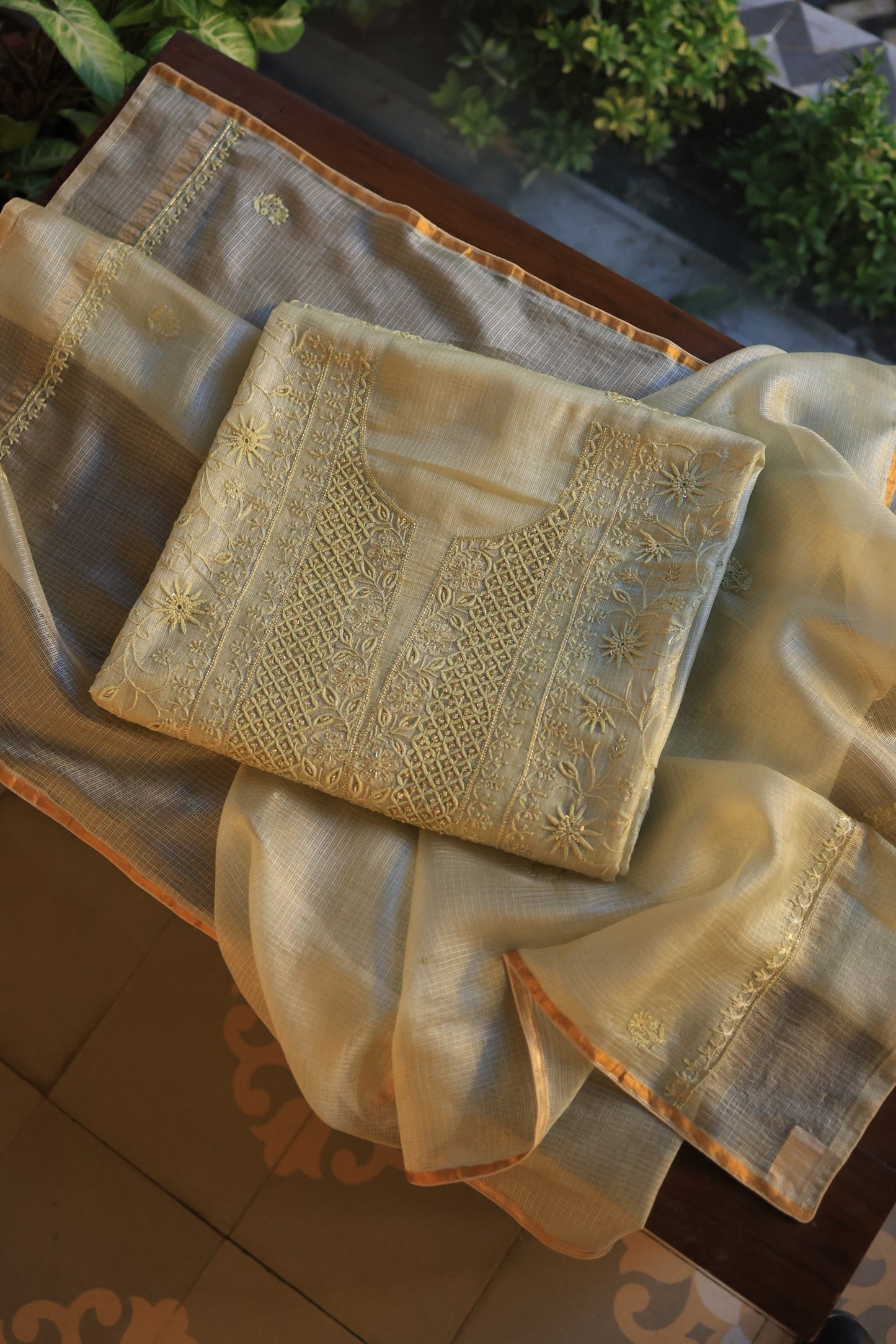 Lemon Rasm Kota Tussar Chikankari Unstitched Chikankari Fabrics