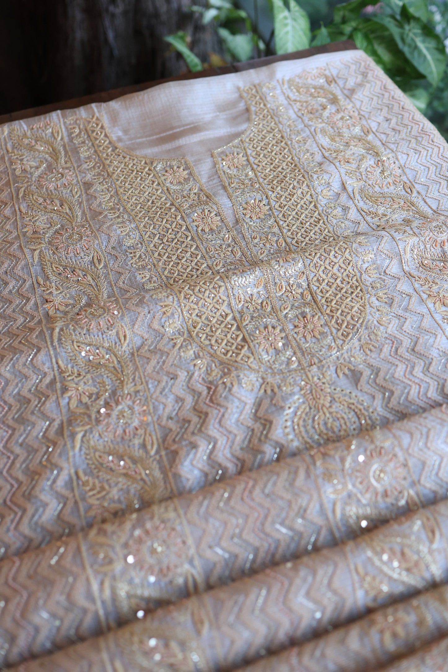 Beige Rasm Kota Tussar Chikankari Unstitched Chikankari Fabrics