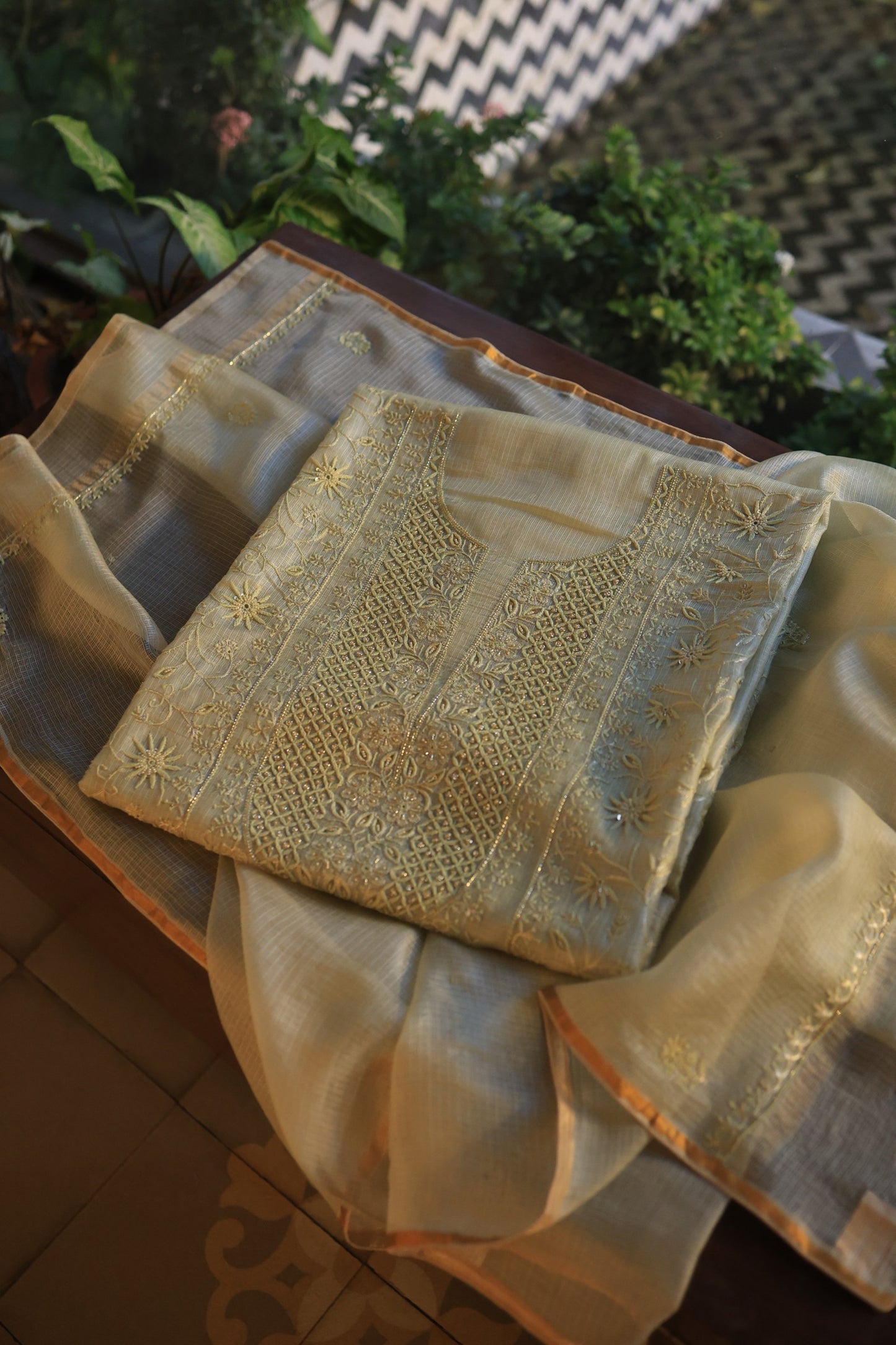Lemon Rasm Kota Tussar Chikankari Unstitched Chikankari Fabrics