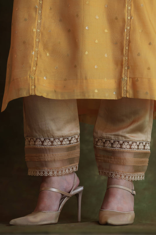 Beige Satin Linen Straight Pant With Organza Lace & One Side Pocket