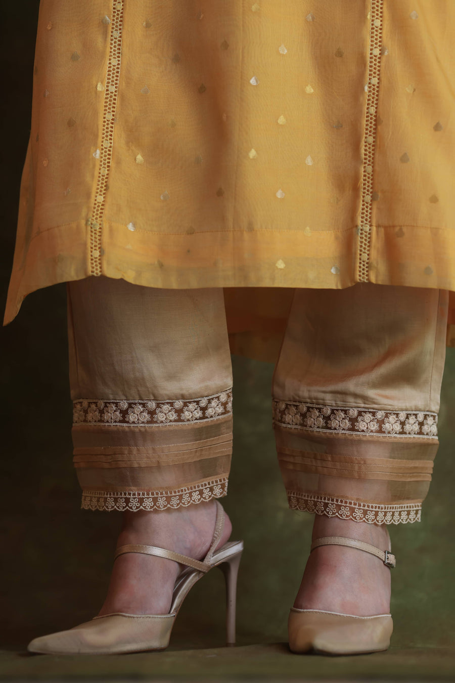 Beige Satin Linen Straight Pant With Organza Lace & One Side Pocket