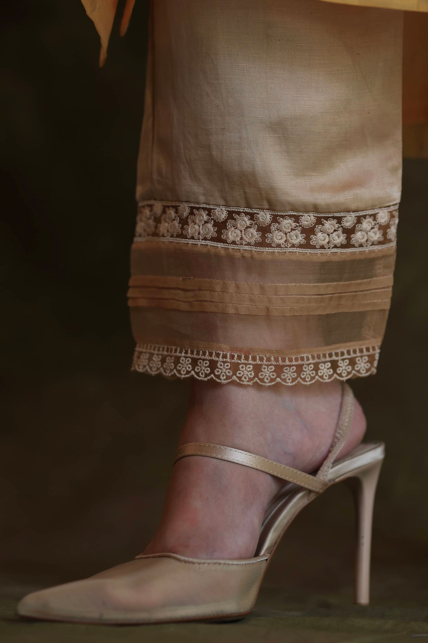 Beige Satin Linen Straight Pant With Organza Lace & One Side Pocket