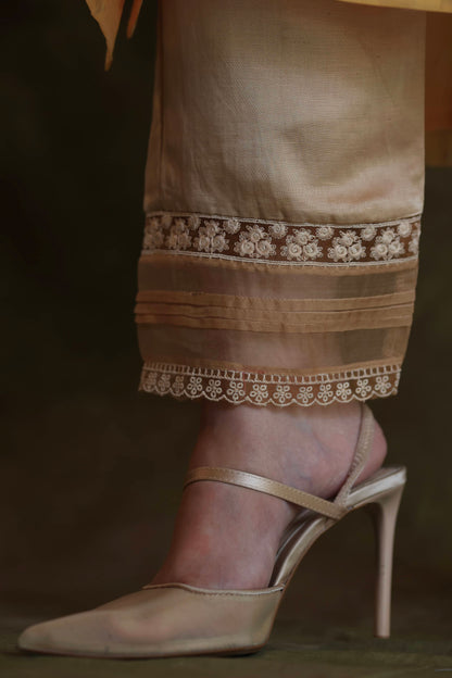 Beige Satin Linen Straight Pant With Organza Lace & One Side Pocket