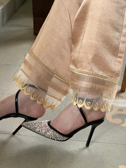 Beige Satin Linen Straight Pant With Organza Lace & One Side Pocket