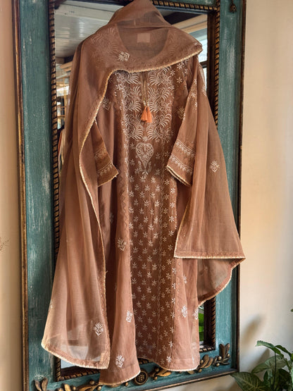 Beige Shade Kota Applique Chikankari Kurta Dupatta Set