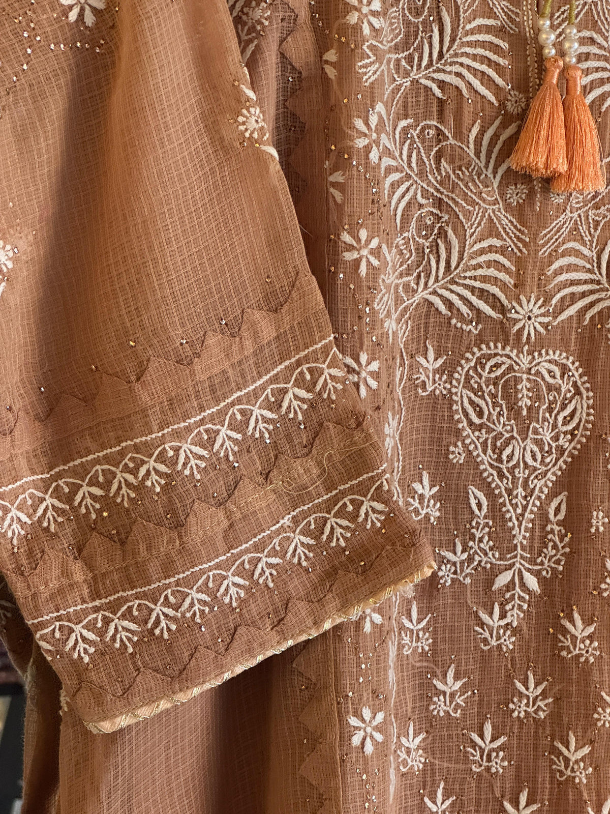 Beige Shade Kota Applique Chikankari Kurta Dupatta Set